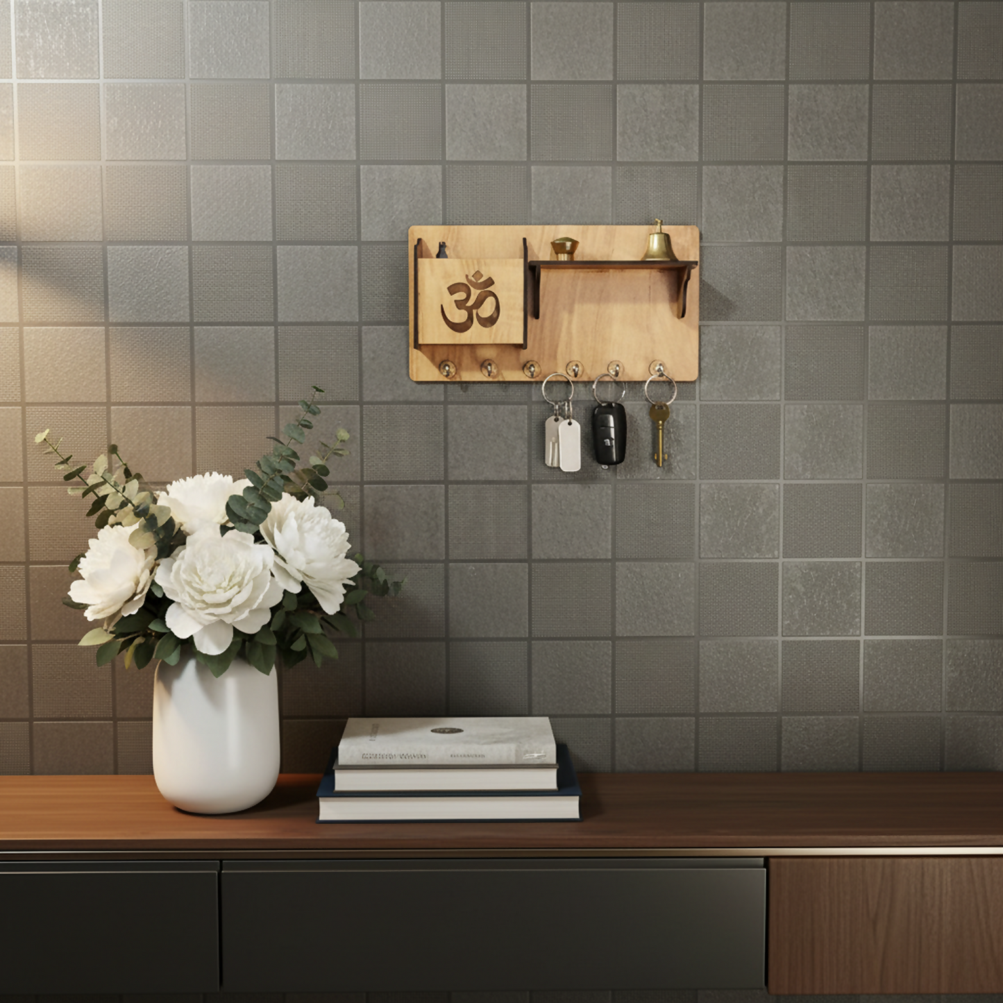 Wooden Om Key Holder with Shelf & Mobile Stand | Spiritual Home Décor