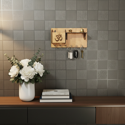 Wooden Om Key Holder with Shelf & Mobile Stand | Spiritual Home Décor