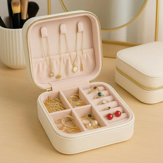 Portable white jewelry box with compartments and velvet interior