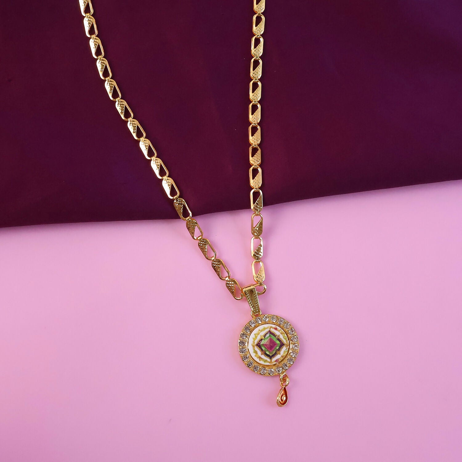 Gold Pendant Necklace with Colorful Mandala & Stone Border
