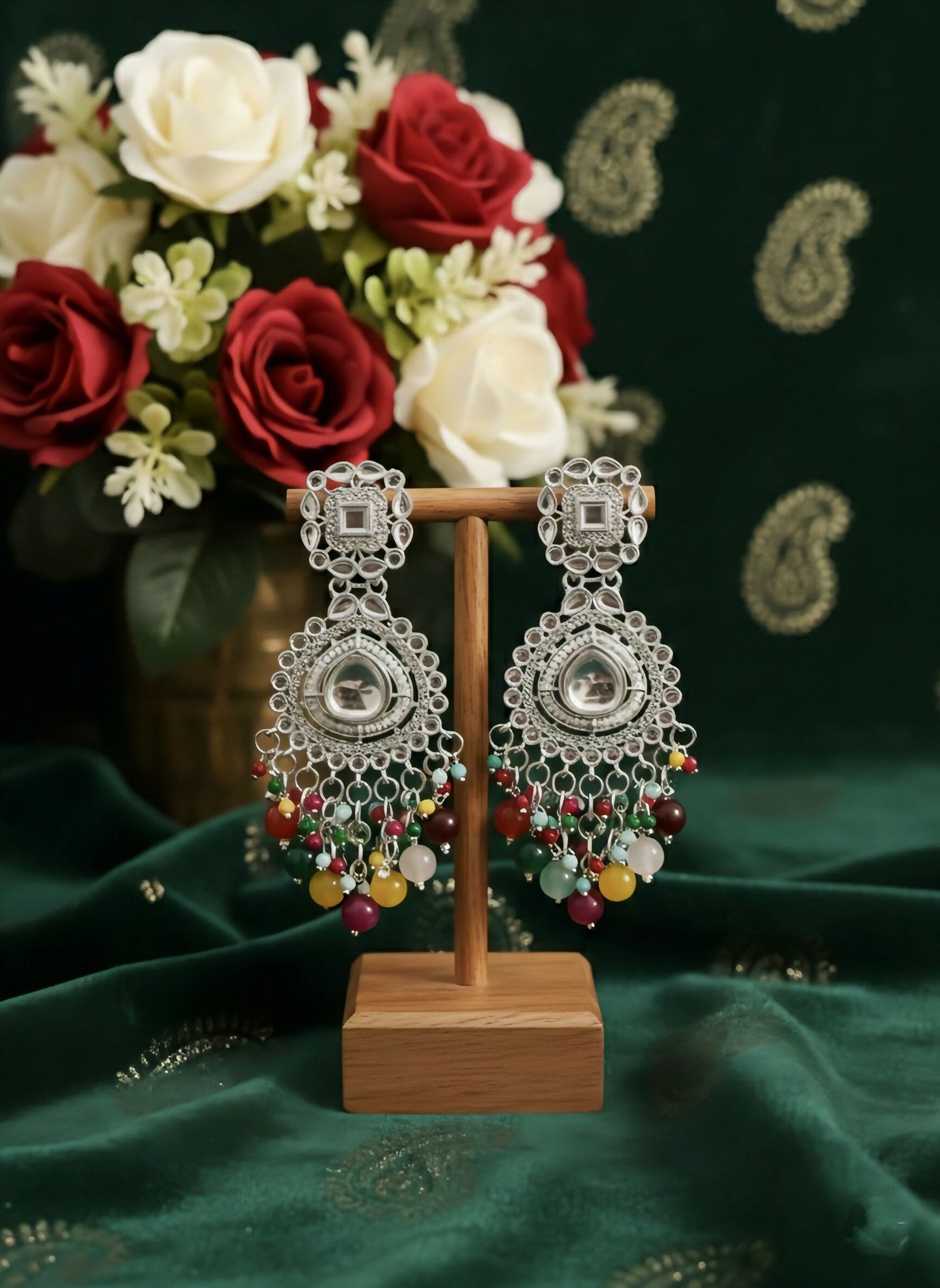 Oxidized Silver Chandbalis with Multi-Color Bead Drops earrings