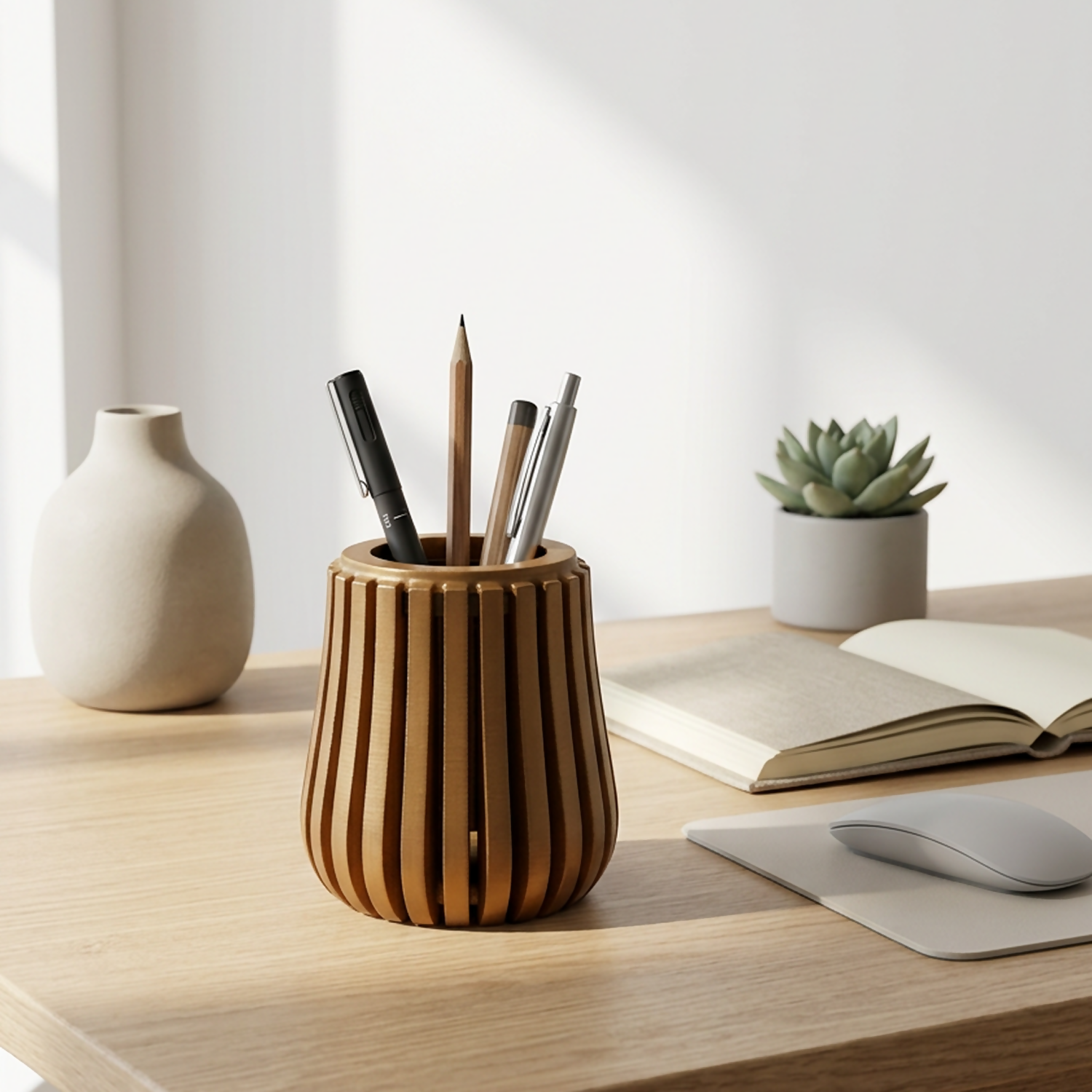 Close-up of a modern brown wooden pen holder on a desk with stationery.