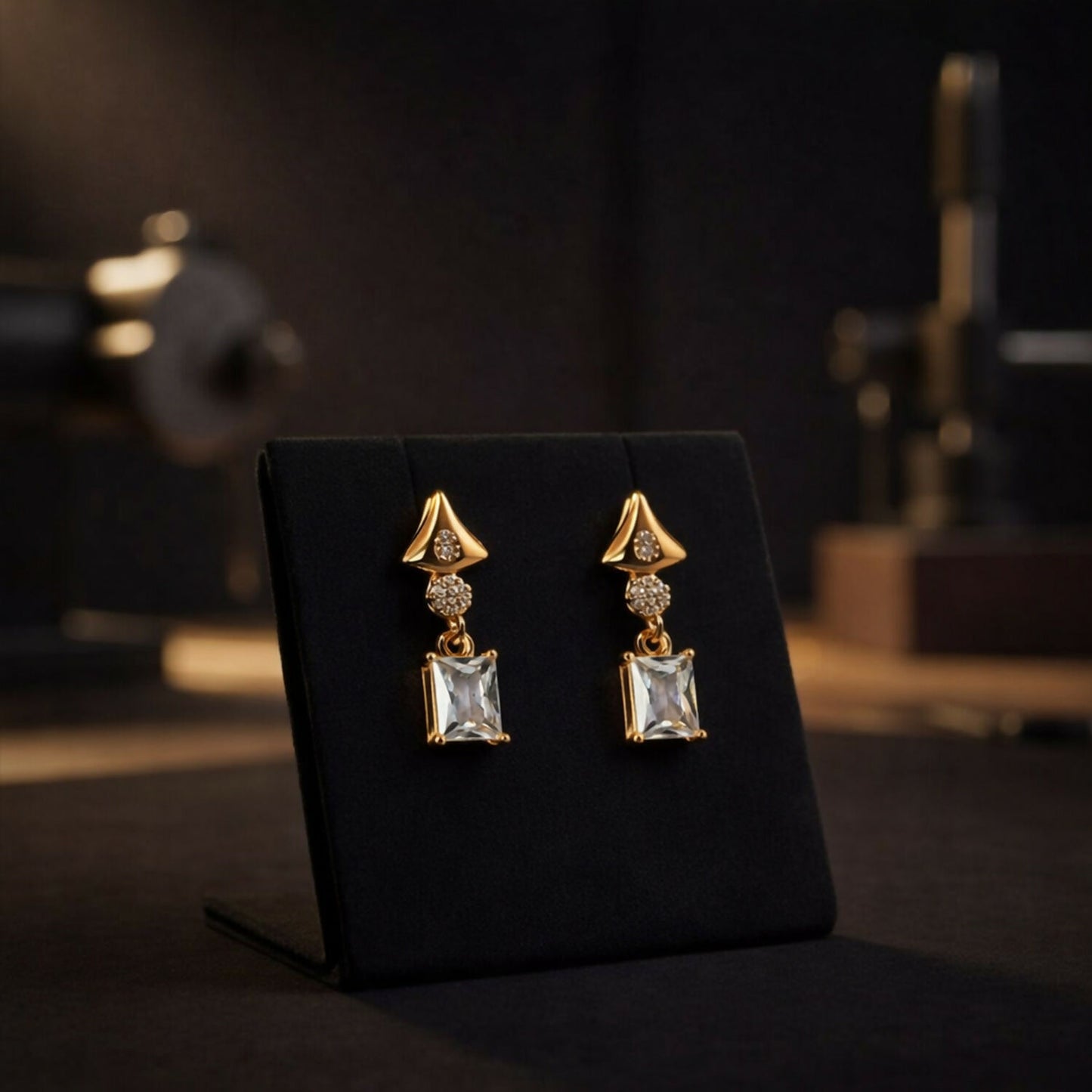 Side angle view of elegant gold tone crystal drop earrings with sparkling stones