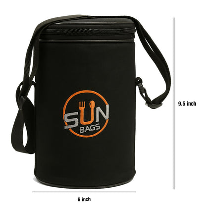 Sun Bags Round Tiffin Bag | Premium Lunch Bag with Shoulder Strap | Durable Fabric | Compact Food Carrier for Office, School & Travel (Black)