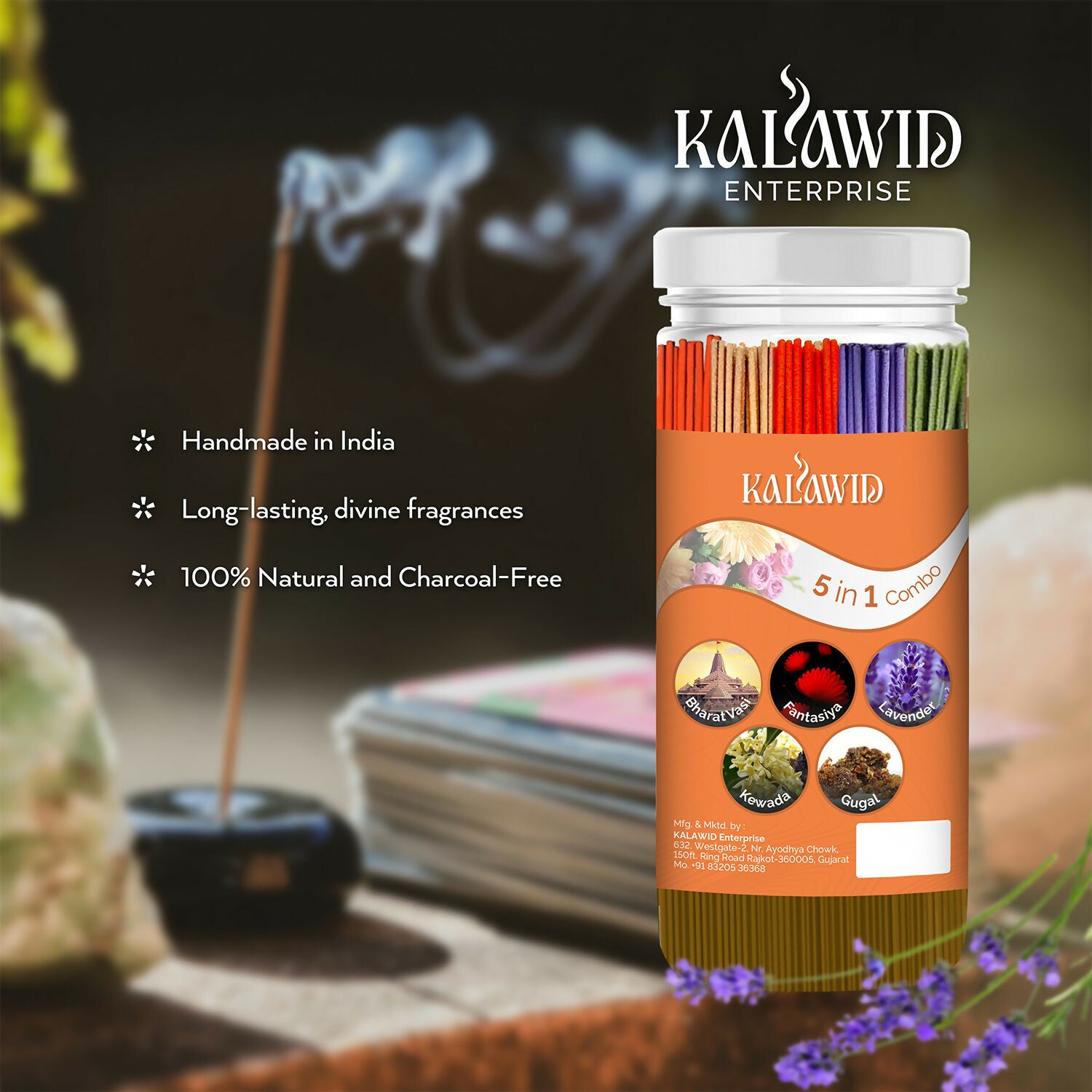 Premium Agarbatti 5 In 1 Combo with Bharatvasi, Fantasiya, Lavender, Kewada, Gugal Fragrances for Relaxation & Daily Use (400 Gm)