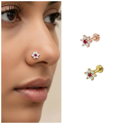 Rose gold plated ruby flower nosepin stud showing flat-back labret design