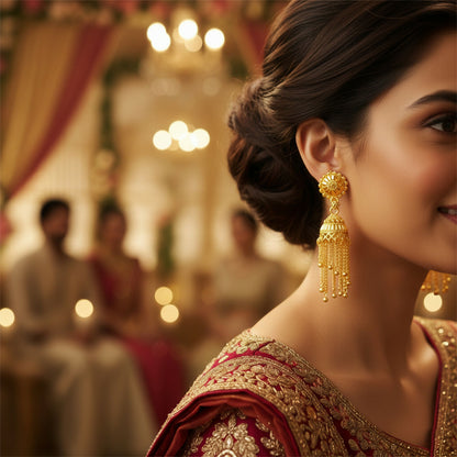 Close-up of gold plated tassel jhumka earrings showing delicate chain details