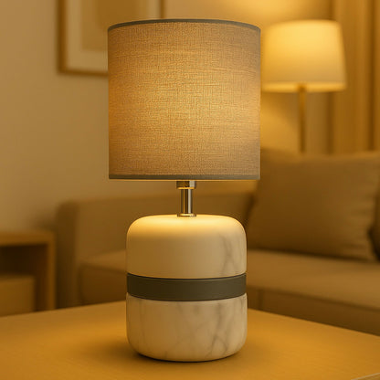 Luxury Marble Base Table Lamp with Warm Fabric Shade | Modern Decorative Bedside & Living Room Night Lamp | Grey Accent Designer Lamp