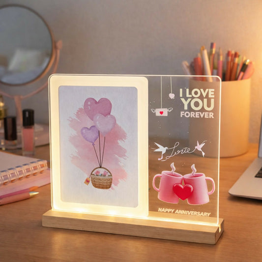 Happy Anniversary LED Acrylic Message Lamp with Wooden Base | Decorative Table Light