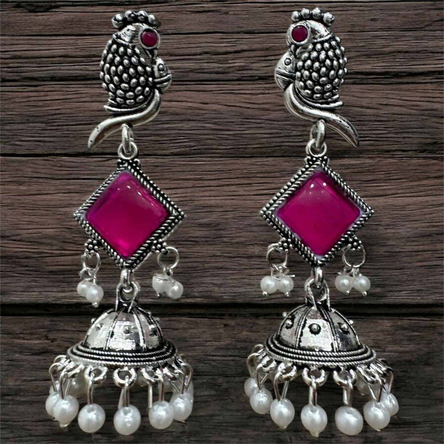 Oxidised Silver Pink Stone Parrot Design Jhumka Earrings for Women & Girls