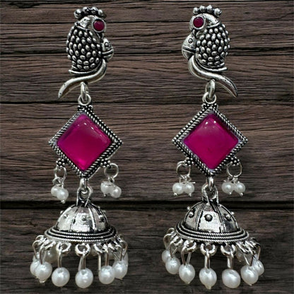 Oxidised Silver Pink Stone Parrot Design Jhumka Earrings for Women & Girls