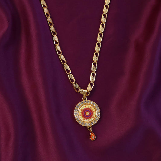 Gold Pendant Necklace with Mandala Design & Stone Detailing