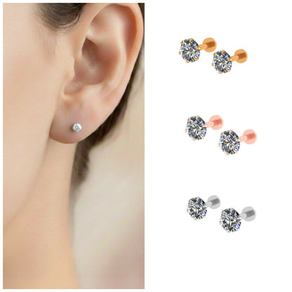 Silver Rose gold Plated Round AD Solitaire Flat Back Stud Earrings Combo 3