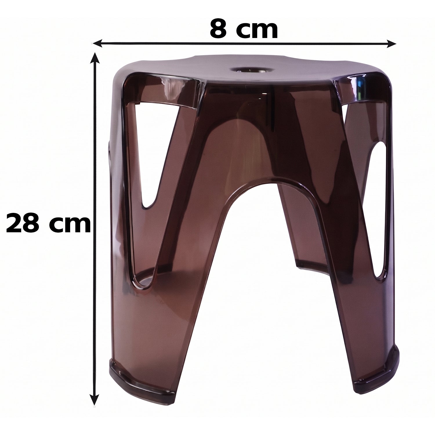 A person sitting comfortably on a transparent plastic stool, demonstrating its utility.