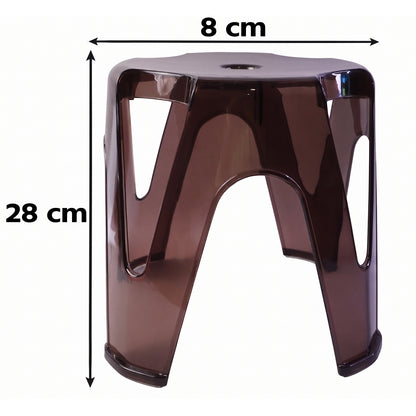 A person sitting comfortably on a transparent plastic stool, demonstrating its utility.