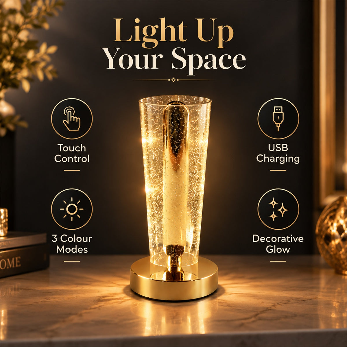 Crystal Table Lamp – Sparkle Design with Golden Base LED