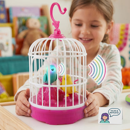 Happy children playing with a plastic, colorful talking bird cage toy with sound effects.