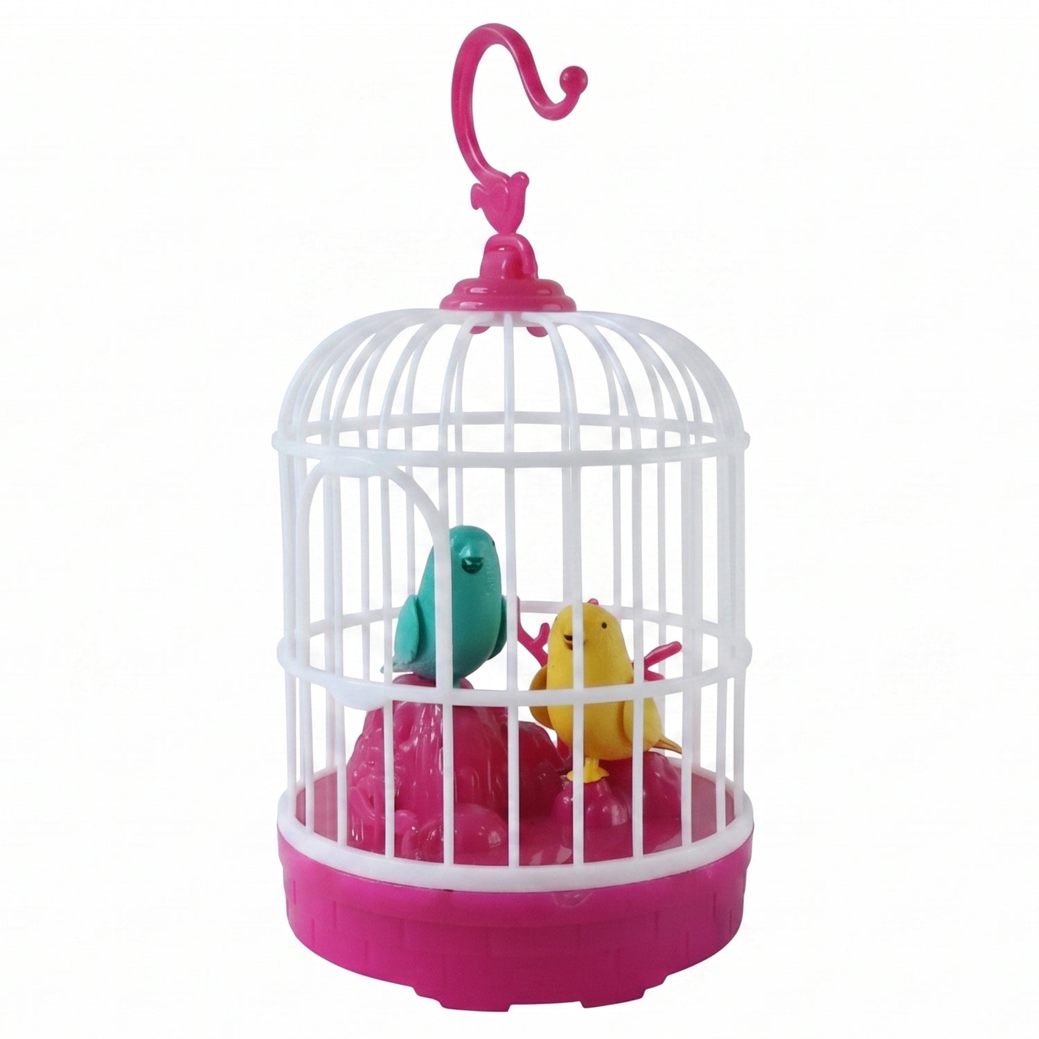 Durable plastic talking bird cage toy with colorful design for children’s indoor play.