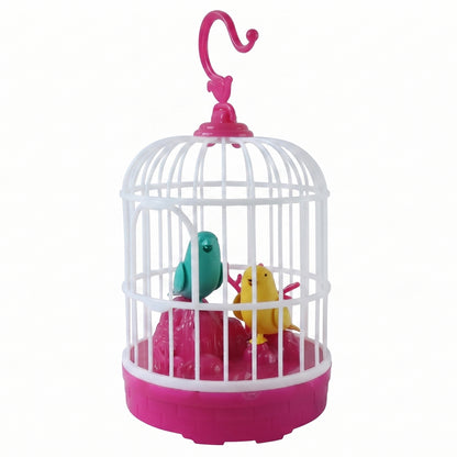 Durable plastic talking bird cage toy with colorful design for children’s indoor play.