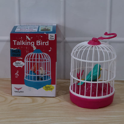 Kids happily holding a lightweight talking bird cage toy with blinking lights and sound.