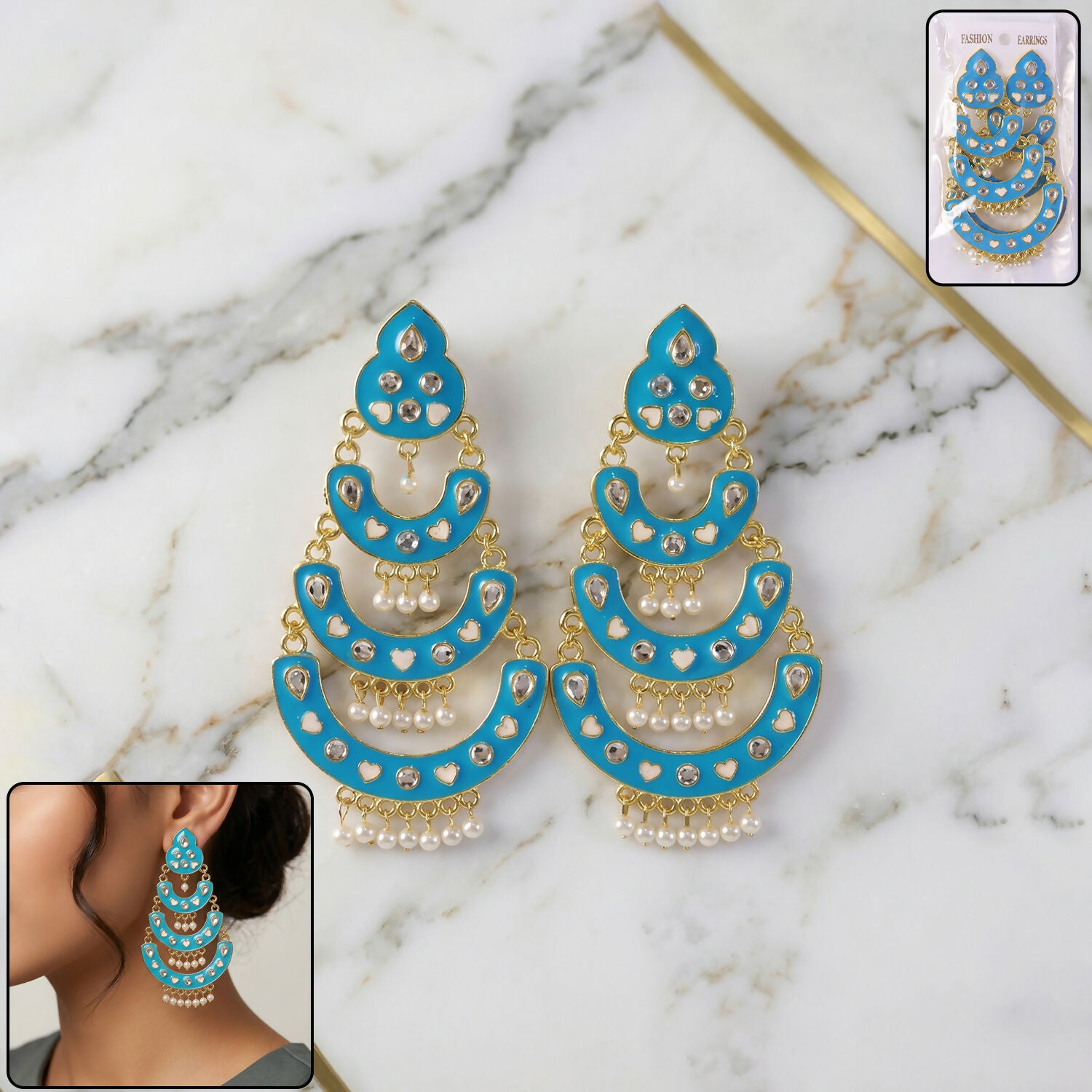 Sky Blue Layered Chandbali Earrings with Pearl Hanging for Women