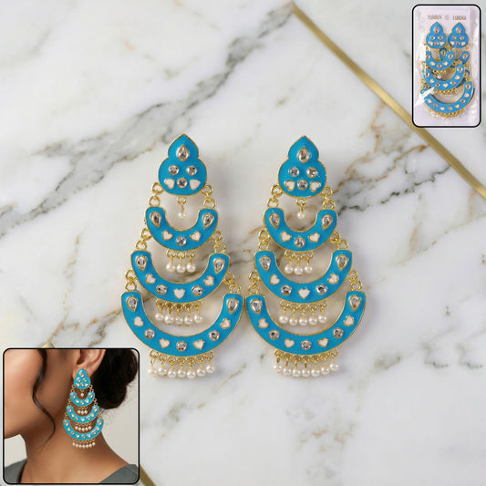 Sky blue layered chandbali earrings with pearl hanging front view