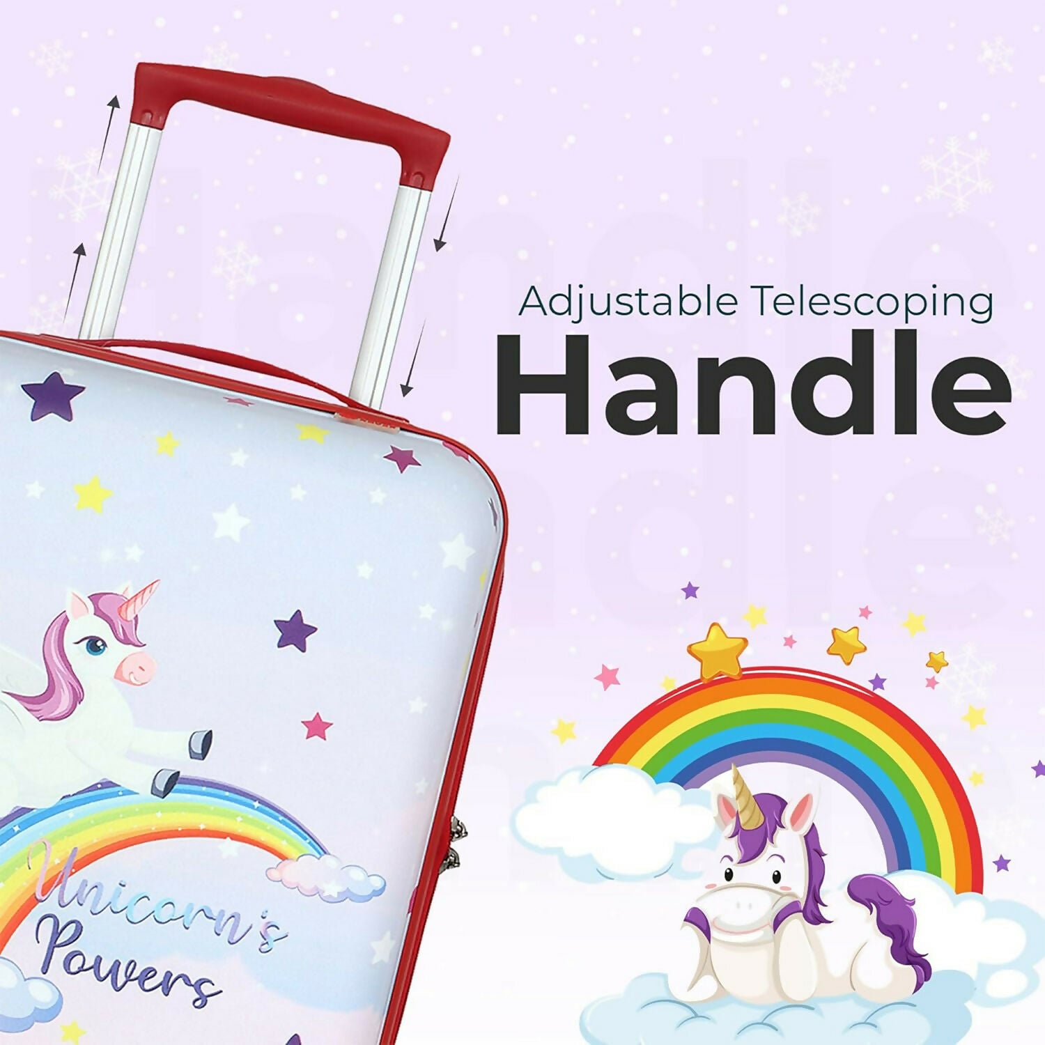 Side view of Novex unicorn rainbow kids trolley bag with extended handle