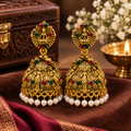 Antique Gold Lakshmi Jhumka Earrings with Red & Green Stones and Pearl Drops