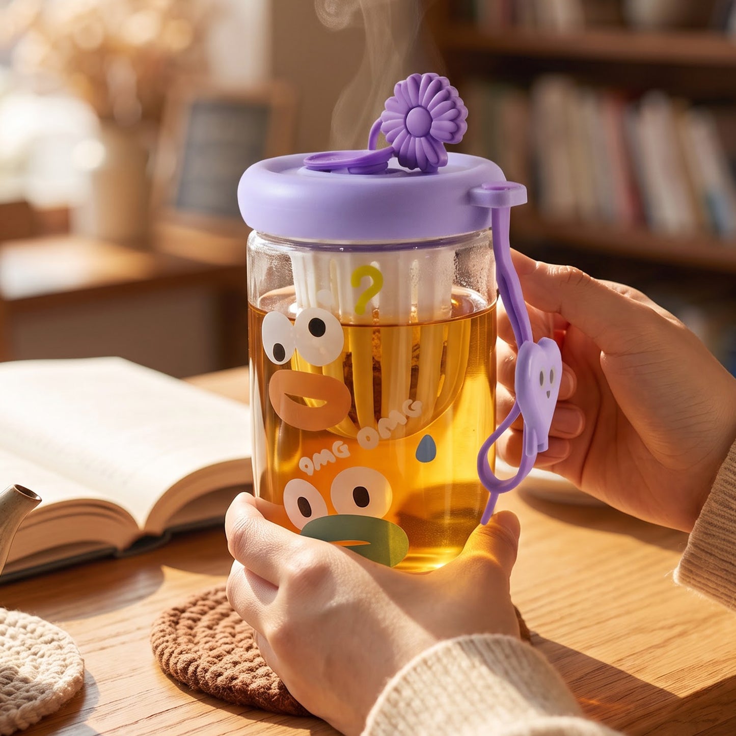 Glass Fruit Tea Sipper Cup 500 ML with Infuser Strainer and Strap (1 Pc)