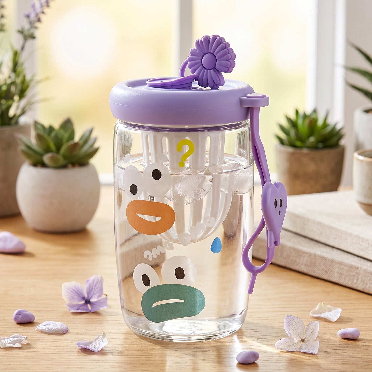 Glass Fruit Tea Sipper Cup 500 ML with Infuser Strainer and Strap (1 Pc)