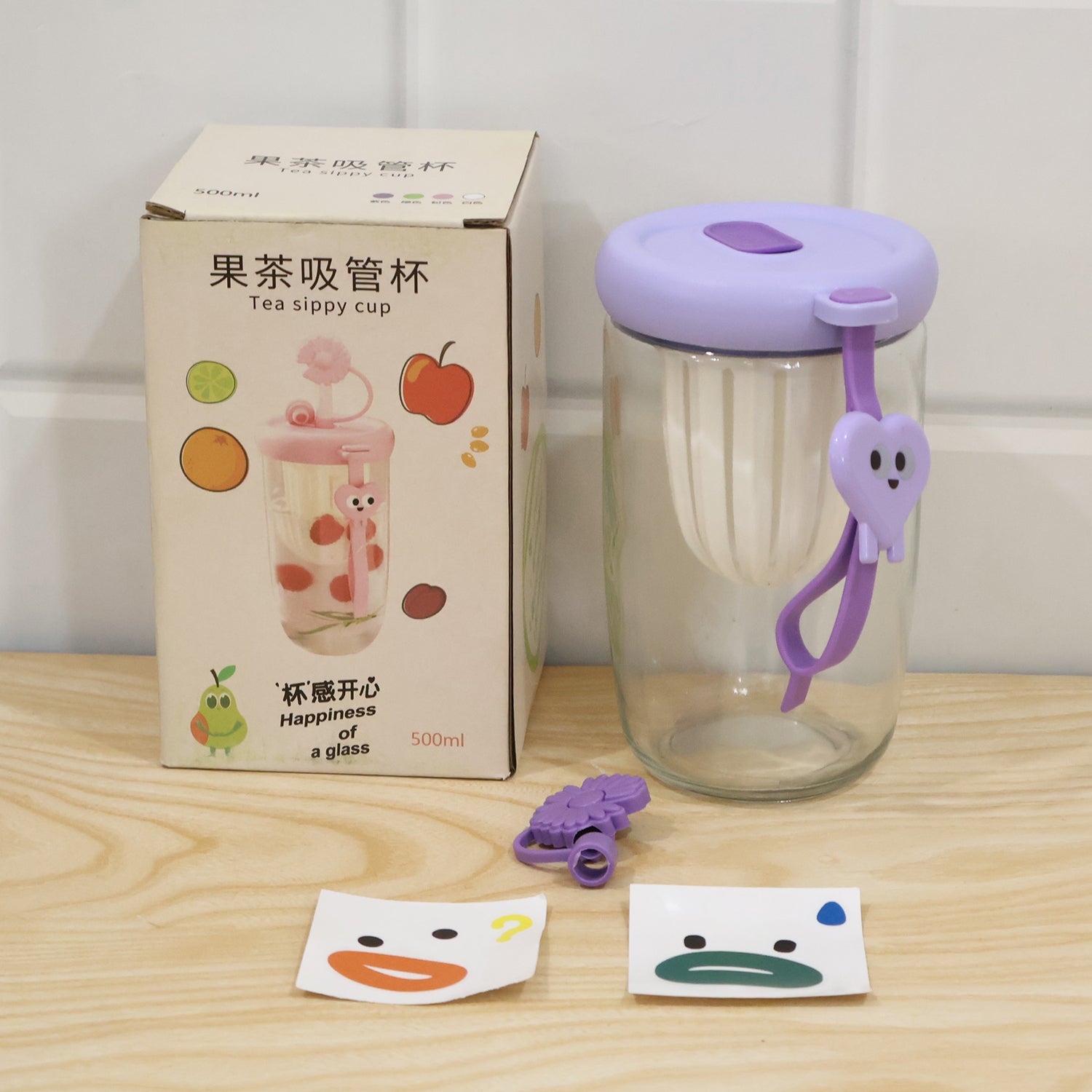 Glass Fruit Tea Sipper Cup 500 ML with Infuser Strainer and Strap (1 Pc)