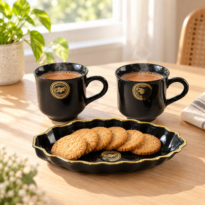 Tea and Coffee Cup Set with Leaf Shaped Platter for Biscuit Serving (3 Pc Set)