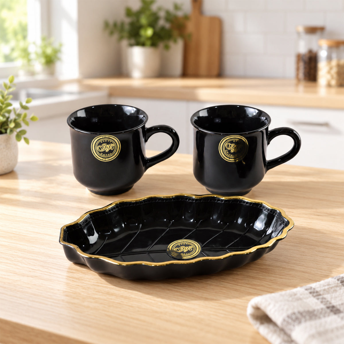 Tea and Coffee Cup Set with Leaf Shaped Platter for Biscuit Serving (3 Pc Set)