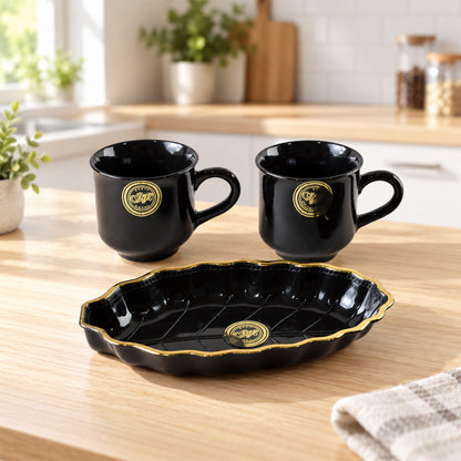 Tea and Coffee Cup Set with Leaf Shaped Platter for Biscuit Serving (3 Pc Set)