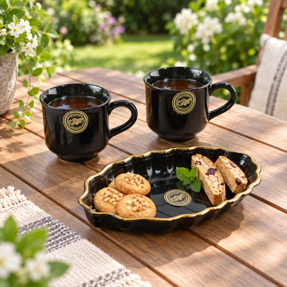 Tea and Coffee Cup Set with Leaf Shaped Platter for Biscuit Serving (3 Pc Set)