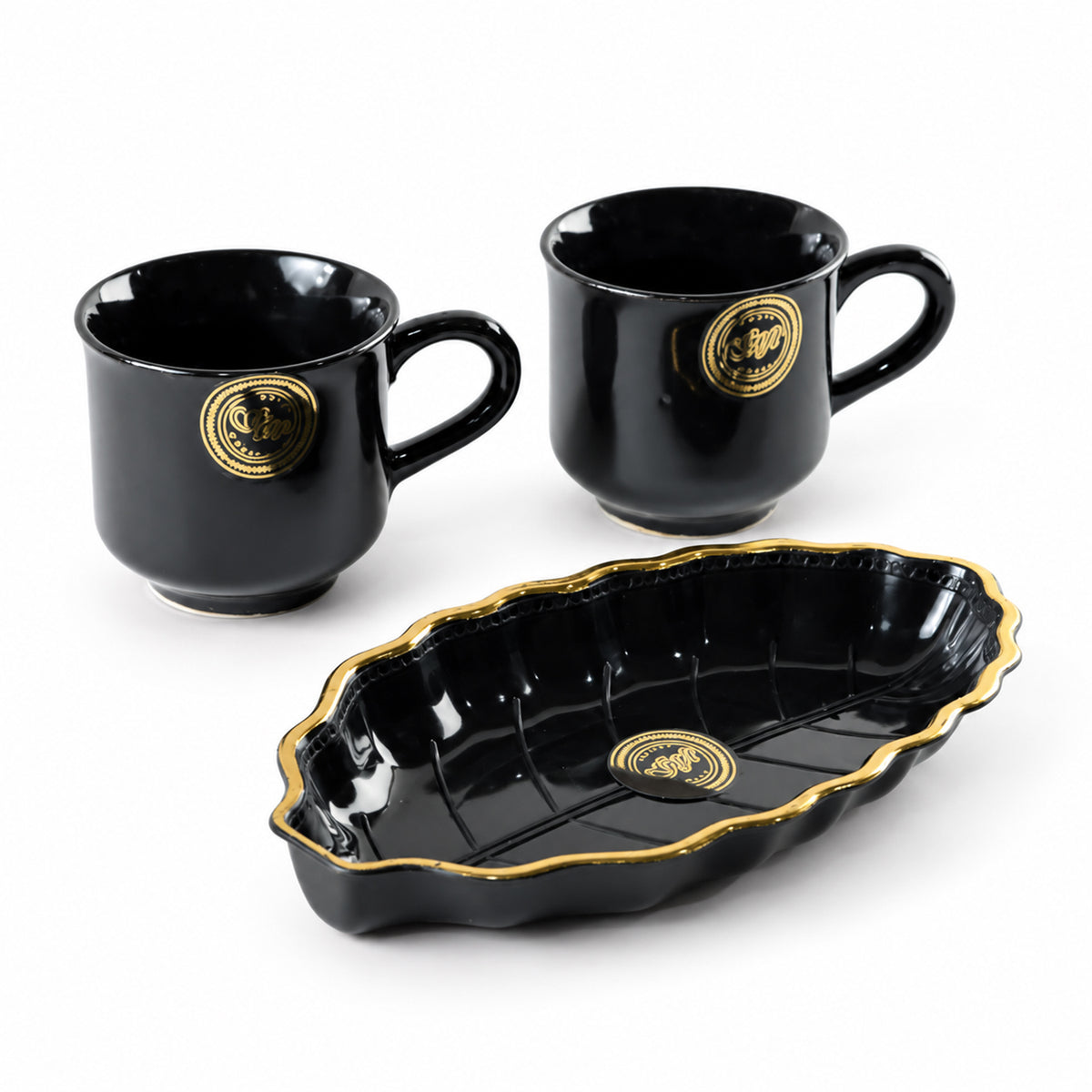 Tea and Coffee Cup Set with Leaf Shaped Platter for Biscuit Serving (3 Pc Set)