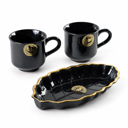 Tea and Coffee Cup Set with Leaf Shaped Platter for Biscuit Serving (3 Pc Set)