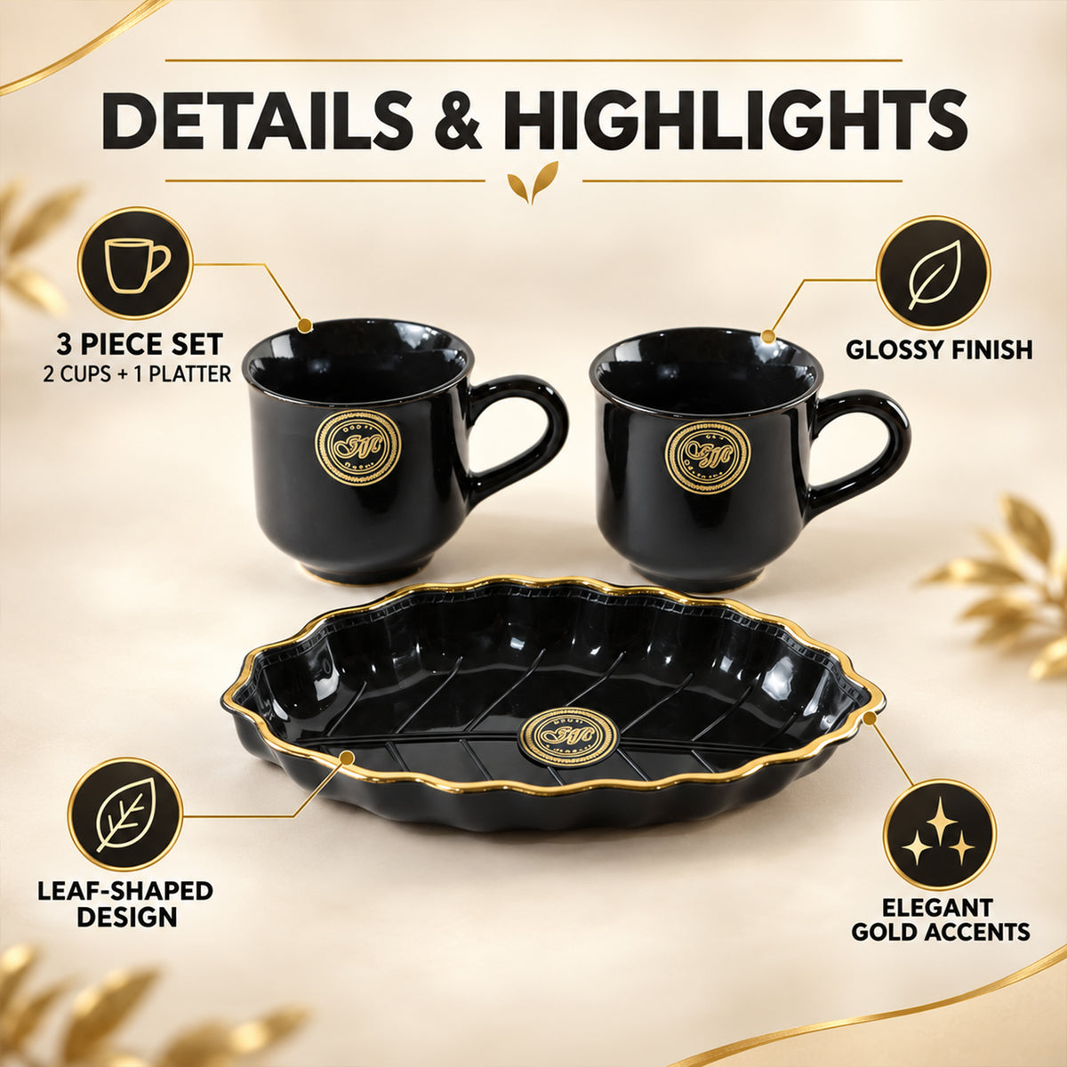 Tea and Coffee Cup Set with Leaf Shaped Platter for Biscuit Serving (3 Pc Set)
