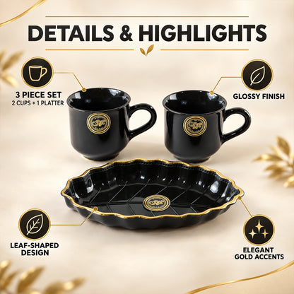 Tea and Coffee Cup Set with Leaf Shaped Platter for Biscuit Serving (3 Pc Set)