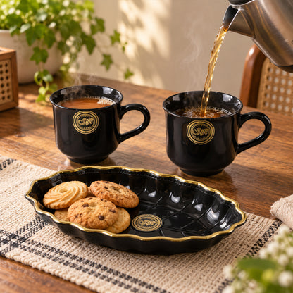 Tea and Coffee Cup Set with Leaf Shaped Platter for Biscuit Serving (3 Pc Set)