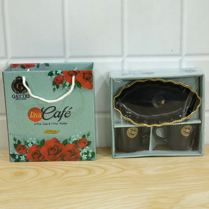 Tea and Coffee Cup Set with Leaf Shaped Platter for Biscuit Serving (3 Pc Set)
