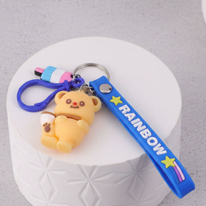 Cute Bear Cartoon Keychain with Rainbow Strap (1 Pc)