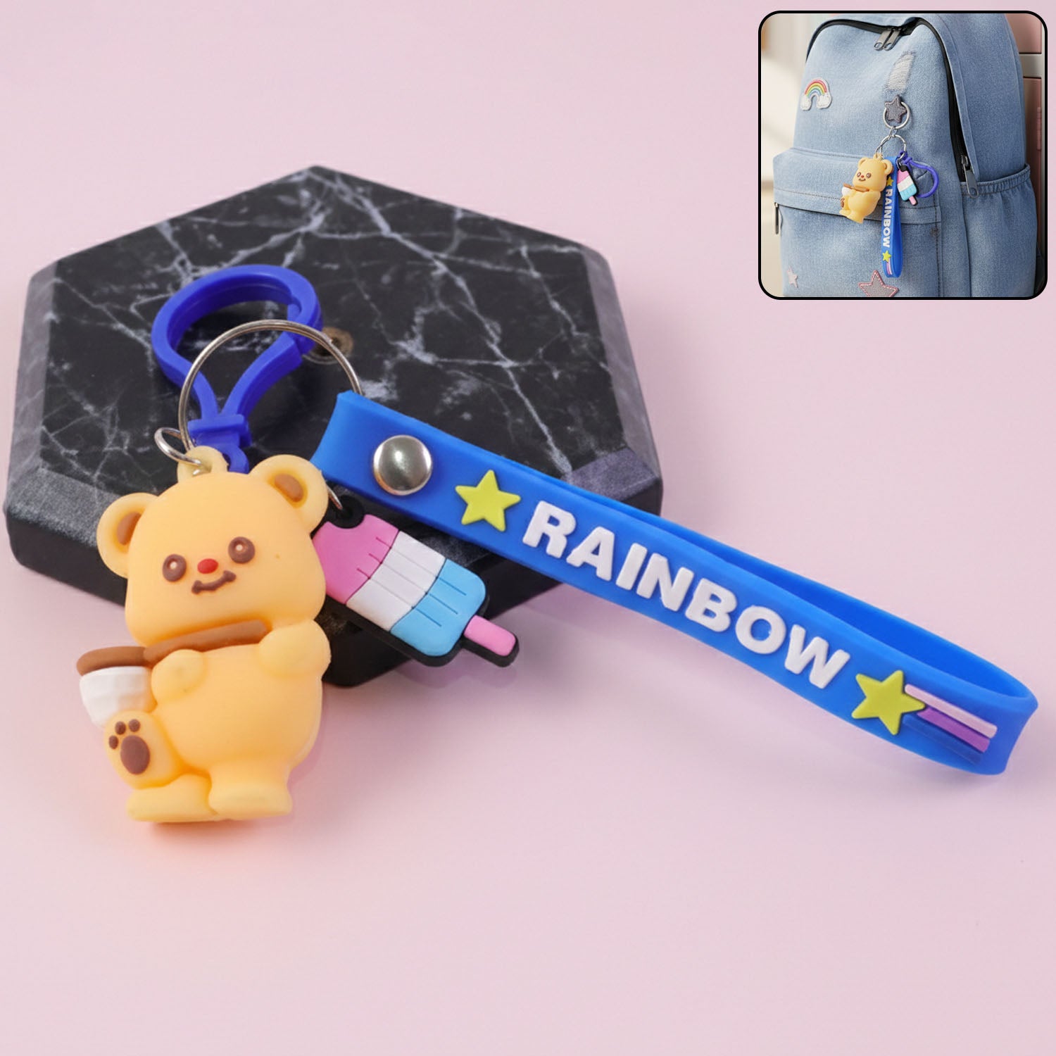 Cute Bear Cartoon Keychain with Rainbow Strap (1 Pc)