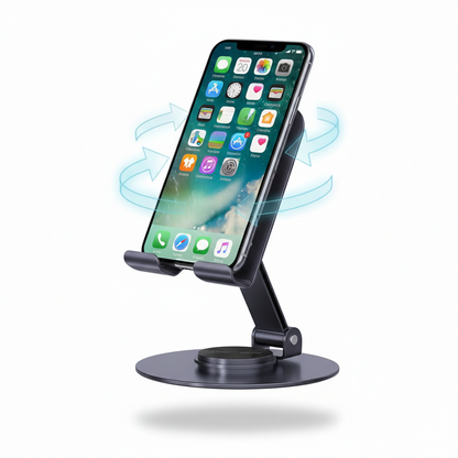 UNITEQ SpinPro stand showing 360-degree rotation feature with smartphone