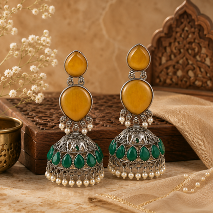 Elegant pearl drop oxidized silver jhumka earrings side view