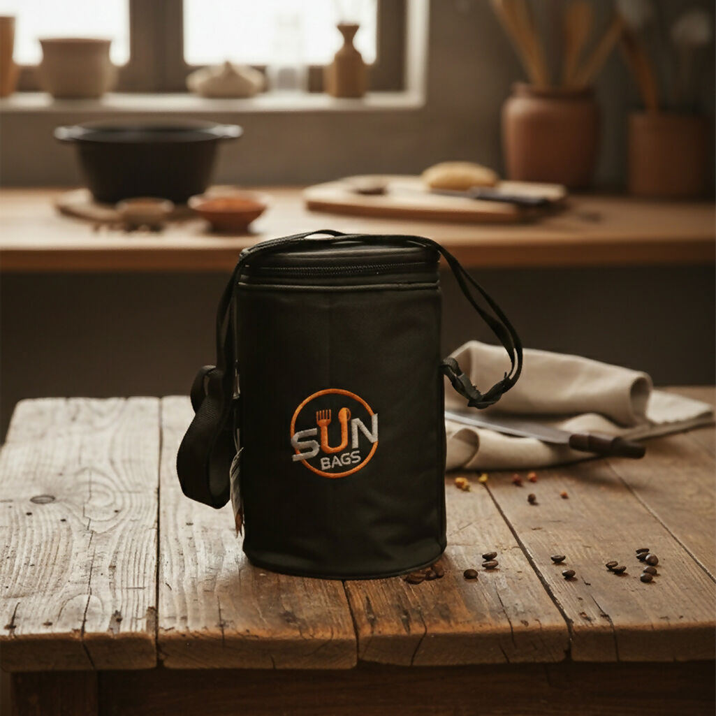 Sun Bags Round Tiffin Bag | Premium Lunch Bag with Shoulder Strap | Durable Fabric | Compact Food Carrier for Office, School & Travel (Black)