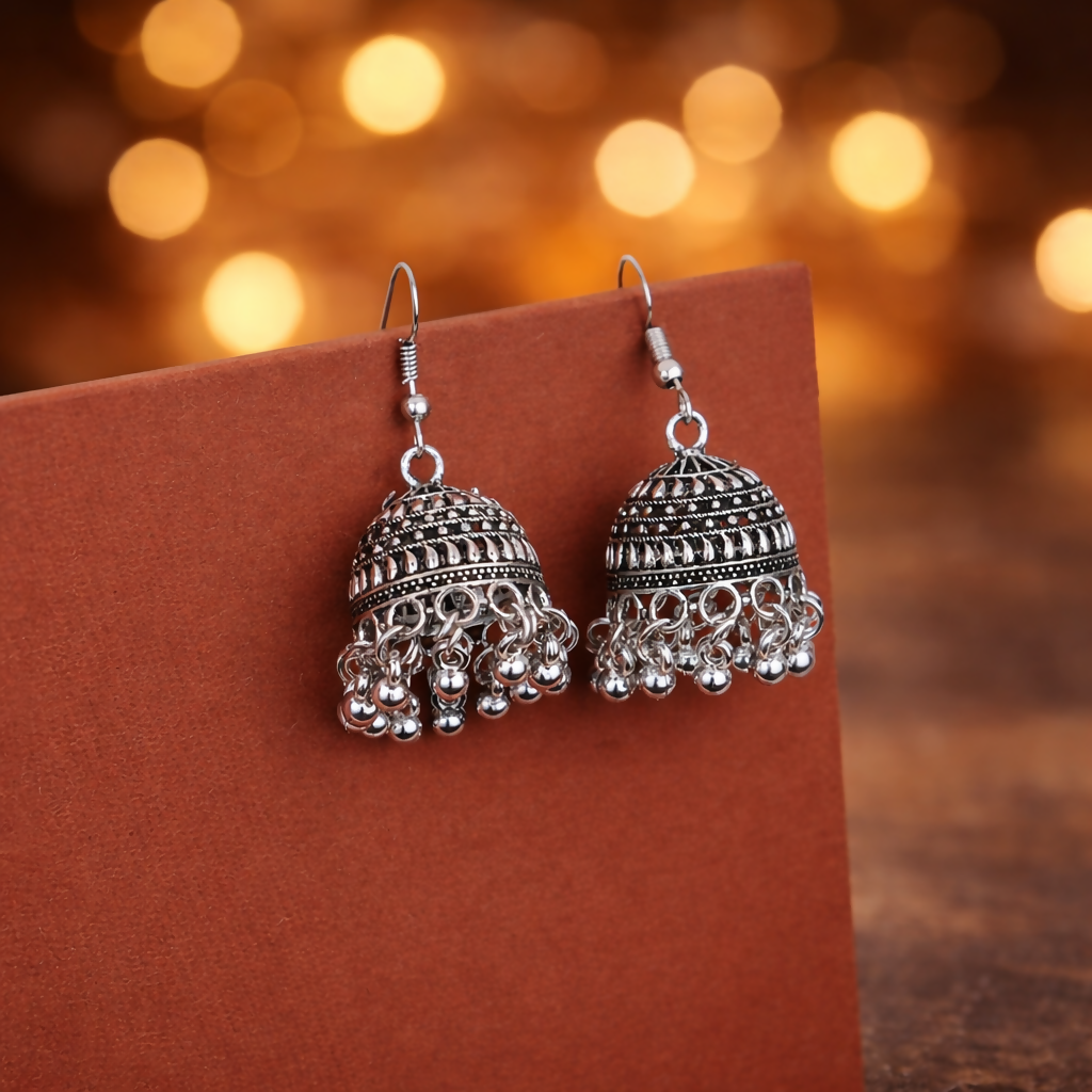 Classic Oxodised Silver Hook Jhumka Earrings
