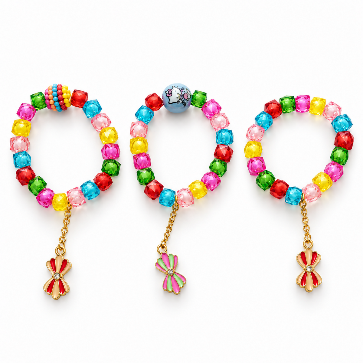 Three distinct colorful beaded bracelets, each with a different charm, are neatly arranged on a white background.