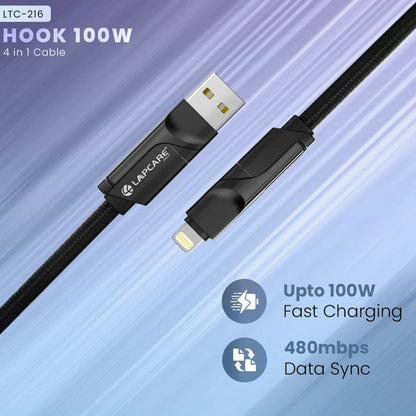 Lapcare Hook 4 in 1 Braided Charging Cable with USB A, Type C & Lightning