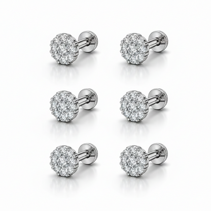 Set of six silver plated sparkling crystal floral cluster nose pins